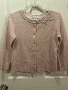 Ann Taylor LOFT Pink Beaded Bow Cardigan Sweater Wool Sz S long sleeve button up